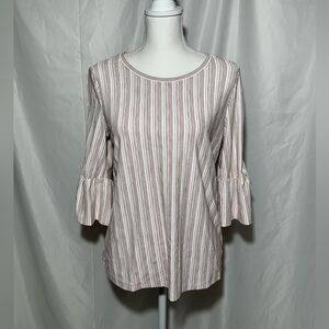 Lucky Brand Top White and Rusty Red Stripes Lace Up Bell Sleeves Womens Small
